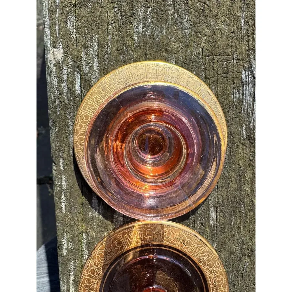 Vintage Pink Depression Glass Candle Holders Gold Rims